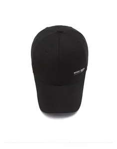 Top view of a black cotton baseball cap with embroidered SPORT CAP lettering and crown button