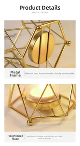 Detail of hand-welded geometric gold metal candle holder with elevated base for home decor