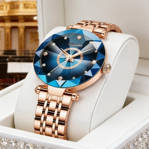 Elegant Women Quartz Watch Faceted Crystal Mirror Gradient Starry Dial Waterproof Metal Strap Fashion Wristwatch