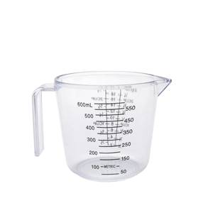 Detail of 600ml transparent measuring cup with double-sided metric and cup scales
