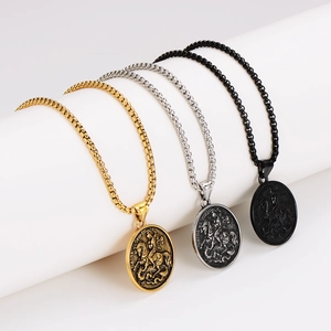 Hip hop Saint George and Dragon shield pendant necklaces in gold, silver, and black finish