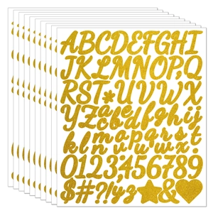 Detailed set of 1.5-inch gold glitter alphabet and number stickers for DIY crafts
