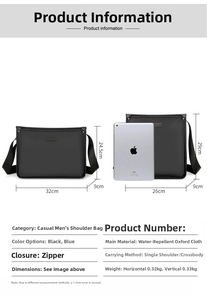 Detailed size comparison chart for men's shoulder bag with iPad reference and dimensions