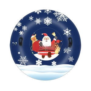 Detail of inflatable snow tube with Christmas patterns and sturdy black safety handles