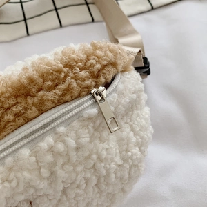 Cute teddy fleece crossbody chest bag for women in soft beige and white patchwork