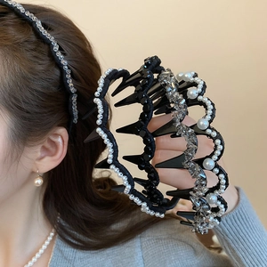 Close-up of wavy rhinestone and pearl headbands with anti-slip teeth for hair styling