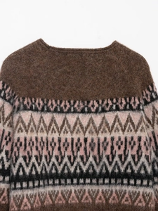 Macro view of Fair Isle knit sweater showing soft mohair texture and geometric patterns