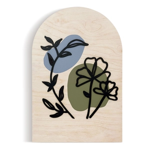Modern arched wooden wall plaque featuring 3D black floral lines and Morandi color blocks