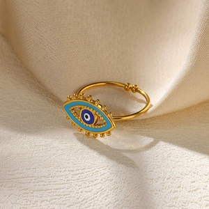 Golden Evil Eye adjustable ring in stainless steel with blue and white enamel inlay