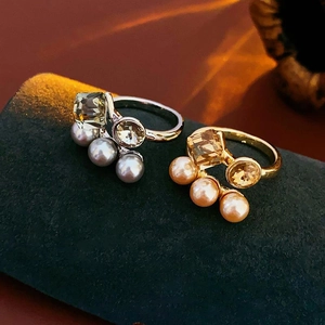 French Luxury Open Ring Geometric Square Round Cubic Zirconia Triple Imitation Artificial Pearl Adjustable Vintage Elegant Jewelry