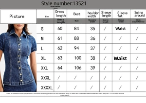 Tableau des tailles pour ensemble haut en denim et jupe taille haute, dimensions de S à XXL