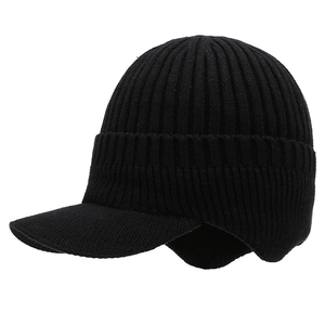 Men's black winter knit hat with fleece lining, ear flaps and visor brim for cold weather