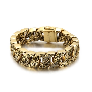 Bracelet cubain en acier inoxydable 316L doré avec gravure florale noire et fermoir