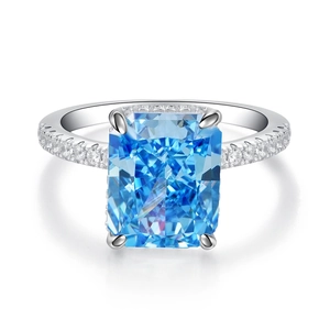 Radiant cut blue gemstone S925 sterling silver ring with pavé set diamond band accents