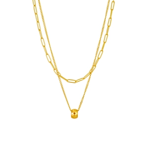 Double layered gold titanium steel necklace with paperclip chain and faceted bead pendant