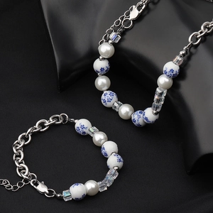 Chinese style blue and white porcelain bead necklace with pearls and titanium steel chain