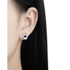 Minimalist S925 sterling silver oval stud earrings with inlaid blue lapis lazuli stone