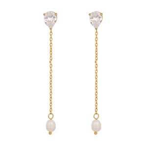 Detail view of gold drop earrings with water-drop zircon and natural freshwater pearls