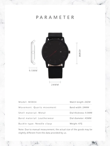 Tableau de spécifications détaillées pour la montre à quartz noire avec dimensions du bracelet