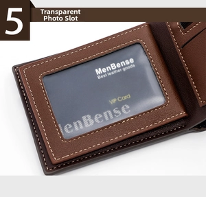 Detail view of the brown wallet interior featuring transparent ID window and card slots
