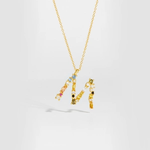 Gold M letter necklace with colorful gemstones and S925 sterling silver chain