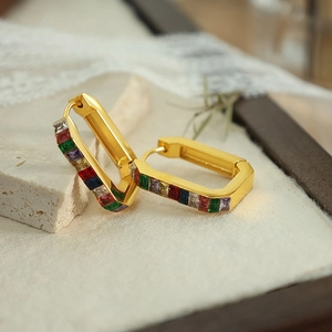 Elegant gold rectangular hoop earrings with colorful baguette-cut zircons for women