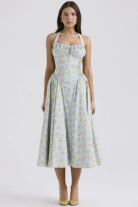 Front view of light blue floral halter midi dress with corset waist and pleats