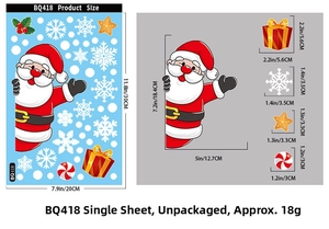 Detailed size chart for Christmas static stickers showing Santa and snowflake dimensions