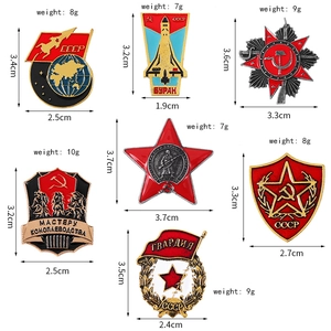 Detailed view of Soviet-themed enamel pins with weight and size specifications