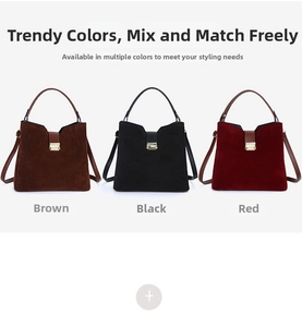 Three suede handbags in brown, black, and red with golden metal buckles and detachable straps