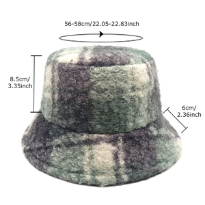 Checkered lamb wool bucket hat for winter featuring grey and white fuzzy plaid pattern