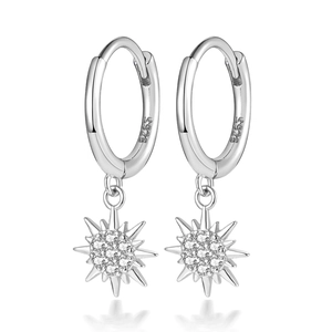 S925 Sterling Silver Hoop Earrings with Sparkling Zircon Starburst Pendants