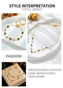 Detail of gold stainless steel necklace and bracelet set with emerald green square gems
