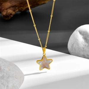 Titanium steel bead chain necklace with a star-shaped white shell pendant on gold plating