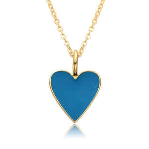 Detailed close-up of a blue enamel heart pendant on a 14K gold-plated necklace chain