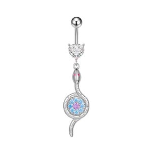 Detail of silver navel ring featuring a coiled snake pendant with colorful gemstones