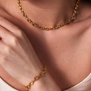 Trendy 18K Gold Plated 304 Stainless Steel Anchor Chain Necklace And Bracelet For Women Hypoallergenic Jewelry