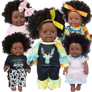 Five 12-inch African American baby dolls in colorful outfits on white background