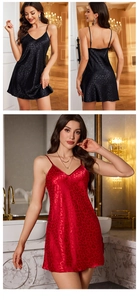 Detail of leopard jacquard satin nightgown with thin straps and V-neckline in red and black