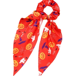 Halloween red ribbon hair scrunchie with pumpkin, ghost, and BOO patterns