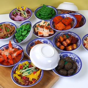 Modelos realistas de comida china 1:1 en cuencos de porcelana azul y blanca para exposición