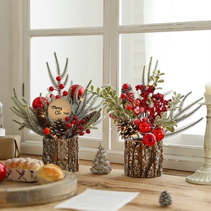 Artificial Christmas Tree Centerpiece With Wooden Log Base Red Berries Pine Cones LED Lights Festive Desktop Home Decor