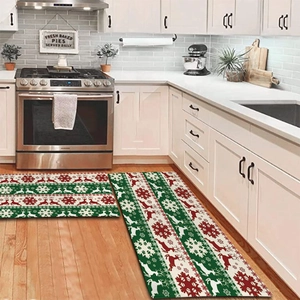 Christmas kitchen floor mats set with reindeer and snowflake patterns on non-slip flannel