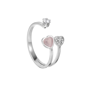 Adjustable silver titanium ring with pink heart gem and sparkling stones on white background