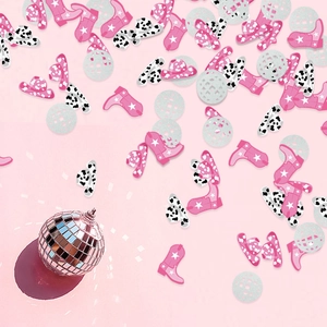 Pink cowgirl boots and disco ball party confetti set for dance floor decorations
