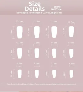 Size chart showing 24 pieces of ombre press on nails with 12 different dimensions