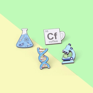 Science theme enamel pin set with DNA helix, microscope, and flask on bicolor background