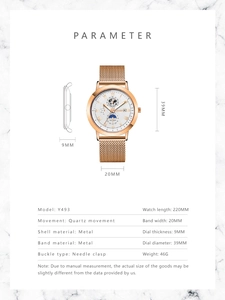 Detailed size parameters of the rose gold mesh band watch with multi-functional white dial