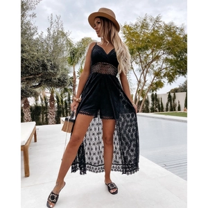 Sexy black lace cutout jumpsuit with open front skirt and hollow waist for vacation
