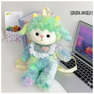 Macro detail of the colorful plush lamb backpack with floral lace bib on white desk